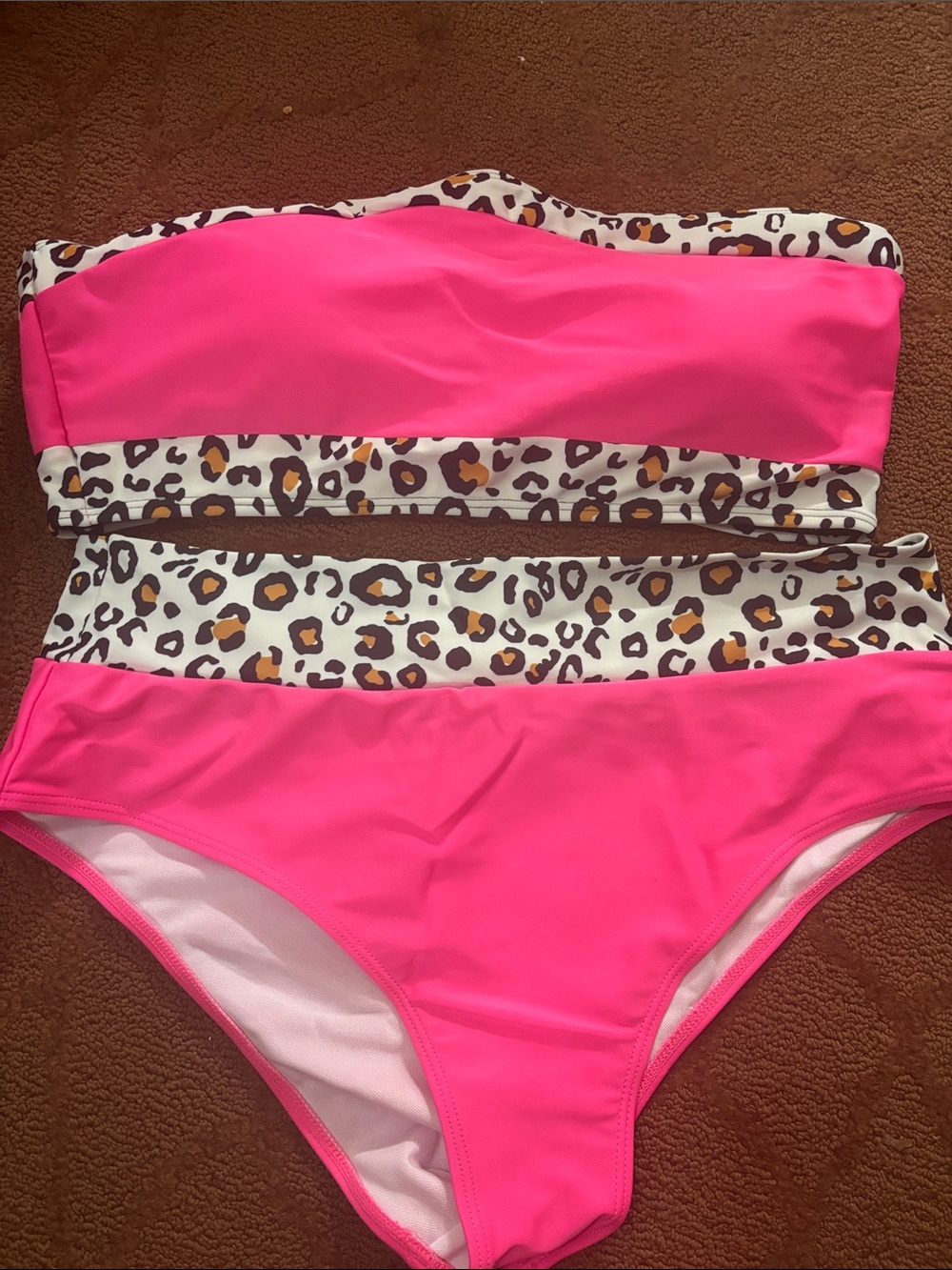 SHEIN Neon Pink Leopard Accent Bandeau Bikini